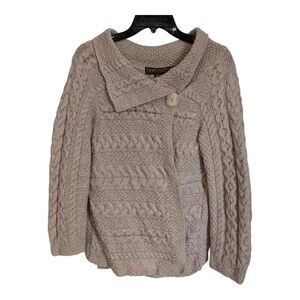 Inis Crafts Merino Wool One Button Chunky Cardigan Sweater Beige Medium VTG